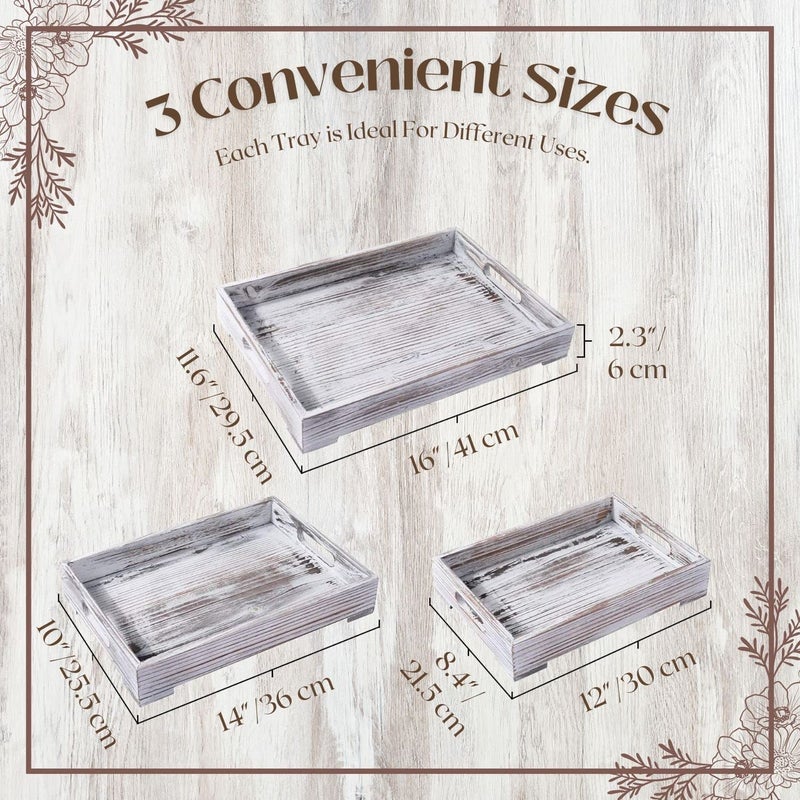 Flexzion Rustic Wooden Serving Tray with Handle - 3-Piece Set of Wooden Trays for Ottomans, Torched Whitewash Nesting Trays for Eating, Decoration, Coffee, Stackable Rectangular Breakfast - Image 4